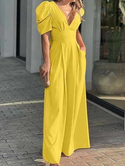 Women's Puff Sleeve Waist Cinched Wide Leg Jumpsuit