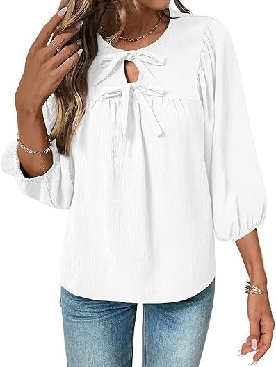Women's Bow Tie Neck Blouse with Balloon Sleeves