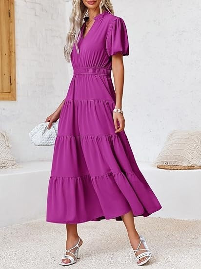 Women's Casual Ruffle V-Neck Smocked Waist Midi Dress