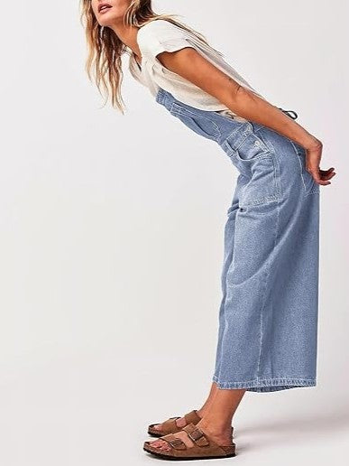 Women's Vintage Wash Denim Wide Leg Overalls