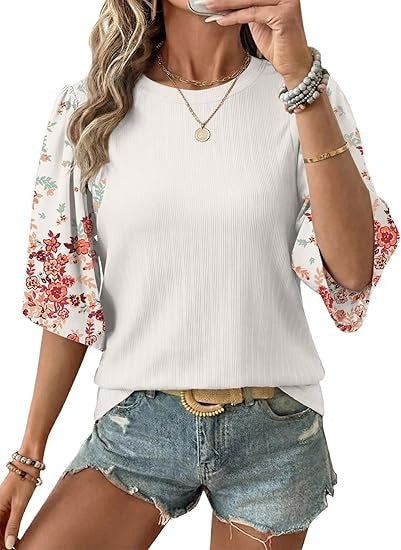 Floral Print 3/4 Puff Sleeve Casual T-Shirt