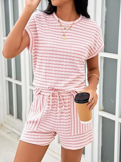 Women's Casual Striped T-shirt and Shorts Two Piece Set