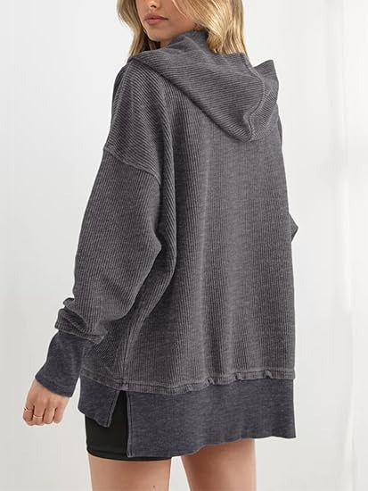 Women's Fashion Long Sleeve Button Up V Neck Hoodie