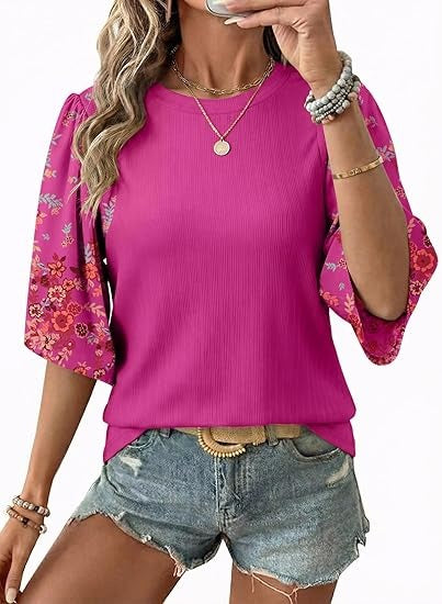Floral Print 3/4 Puff Sleeve Casual T-Shirt