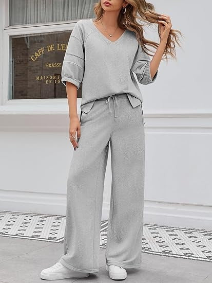 Women's 2 Piece Casual V-Neck Wide Leg Outfit