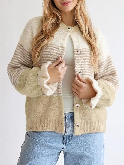 Women's Color Block Striped Ruffle Cuff Cardigan