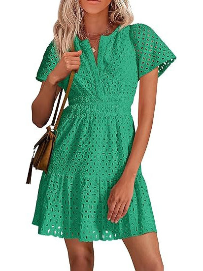Women's V Neck Smocked Waist Eyelet Dress