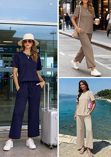 Women's Basic Short Sleeve Wide Leg Pant Set