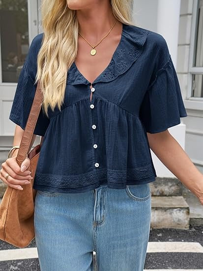 Women's Eyelet Ruffle V Neck Button Down Babydoll Top