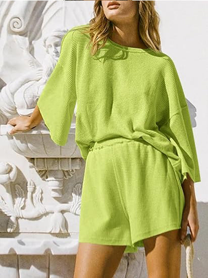 Women's Waffle Knit 3/4 Sleeve 2 Piece Lounge Set