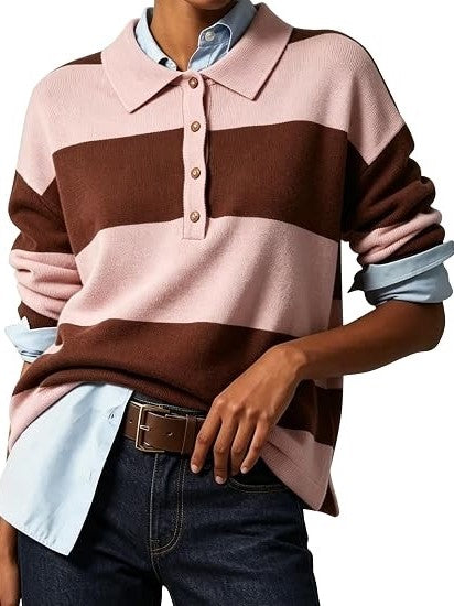 Women's Striped Button Knit Polo Shirt