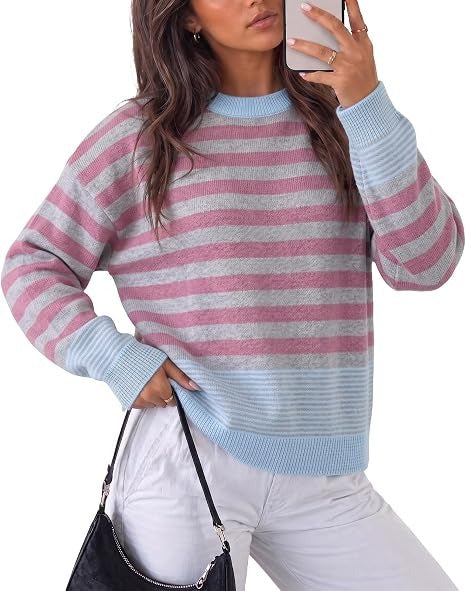 Women's Color Block Striped Oversized Crewneck Sweater