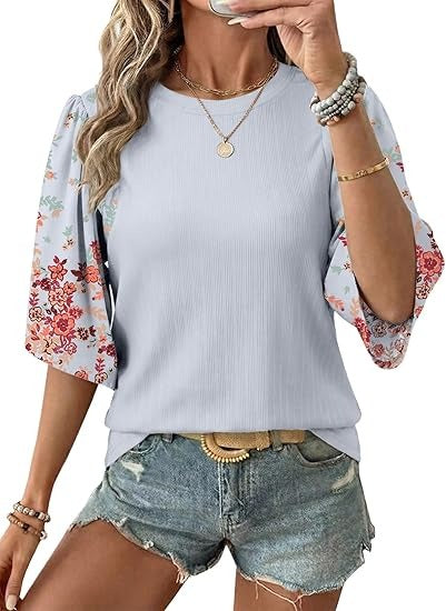 Floral Print 3/4 Puff Sleeve Casual T-Shirt