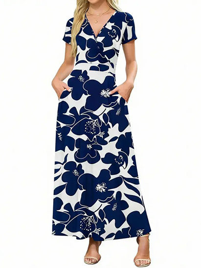 Women's V Neck Floral Print Flowy Maxi Dress with Pockets