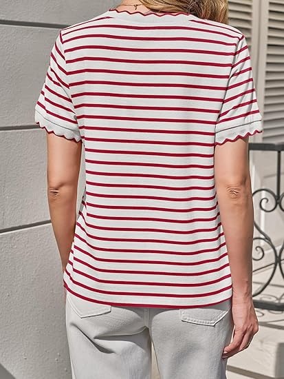 Women's Scalloped Crew Neck Striped T-Shirt