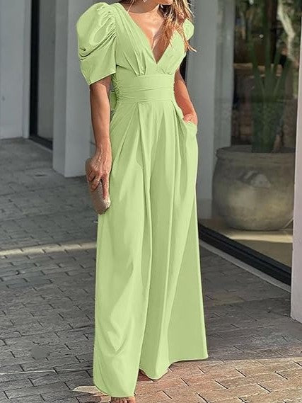 Women's Puff Sleeve Waist Cinched Wide Leg Jumpsuit