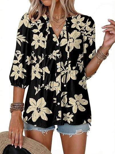 Women's Boho Floral V-Neck Peplum Blouse