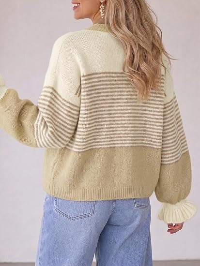Women's Color Block Striped Ruffle Cuff Cardigan