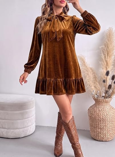 Women's Tie Neck Velvet Ruffle Hem Mini Dress