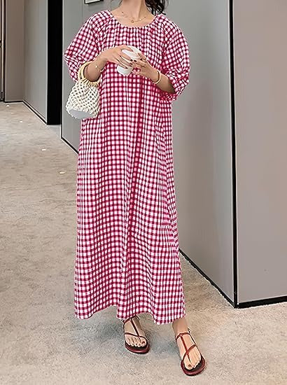 Women's Casual Gingham Puff Sleeve Maxi Dress