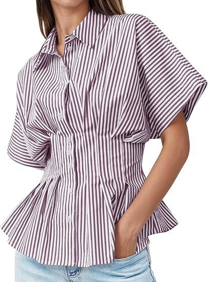 Women's Striped Pleated Waist Peplum Button Down Shirt