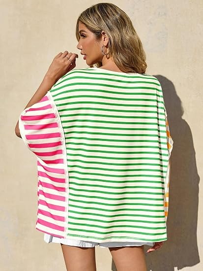 Women's Color Block Mixed Stripe Loose T Shirt