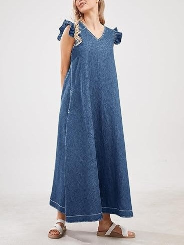 Women's Ruffle Sleeveless V-Neck Denim Maxi Dress