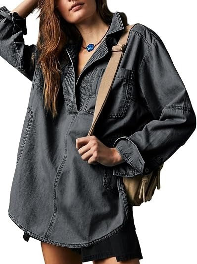 Women's Oversized Half Placket Denim Tunic Shirt