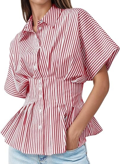Women's Striped Pleated Waist Peplum Button Down Shirt