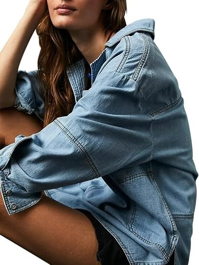 Women's Oversized Half Placket Denim Tunic Shirt