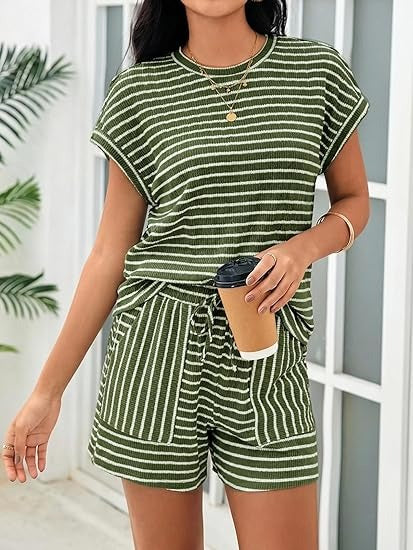 Women's Casual Striped T-shirt and Shorts Two Piece Set