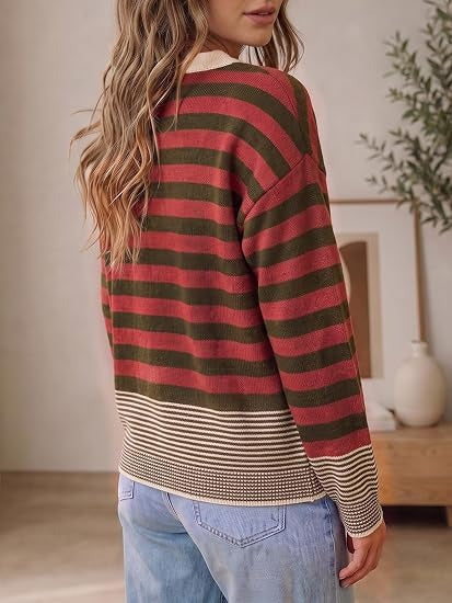 Women's Color Block Striped Oversized Crewneck Sweater