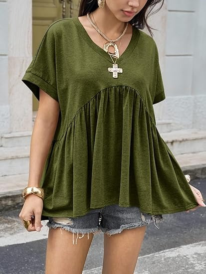Women's V-Neck Pleated Swing Peplum Babydoll T-Shirt