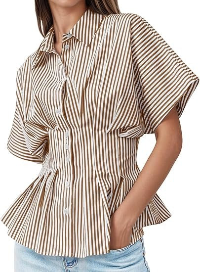 Women's Striped Pleated Waist Peplum Button Down Shirt