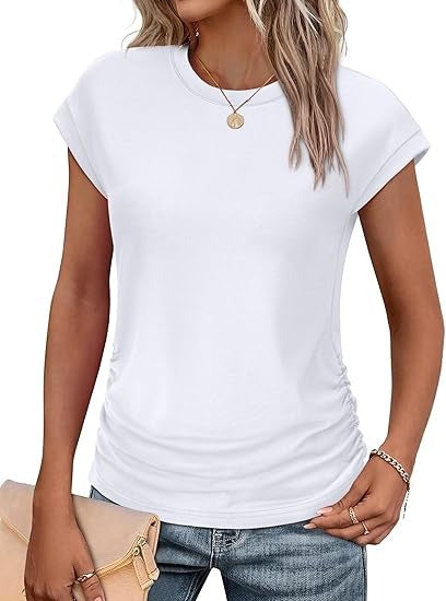 Women's Crew Neck Ruched Cap Sleeve T-Shirt
