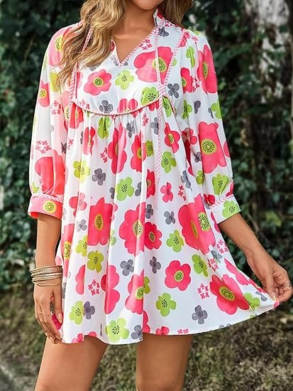 Women's Vibrant Floral Print Tied Waist Dress with Pockets