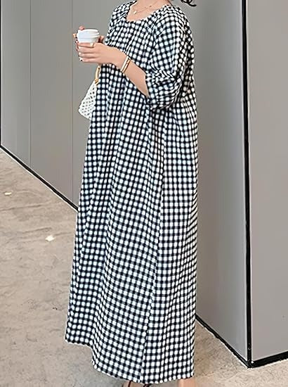 Women's Casual Gingham Puff Sleeve Maxi Dress