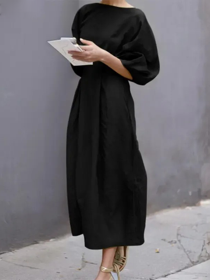 Women's Crew Neck Batwing Sleeve Pleated Midi Dress