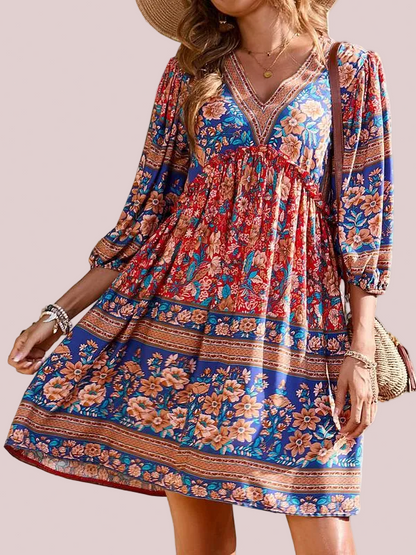 Women's Boho Printed Babydoll Mini Dress