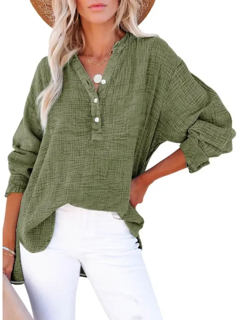 Women's Oversized Henley V Neck Long Sleeve Blouse