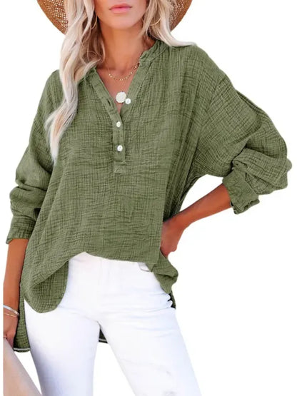 Women's Oversized Henley V Neck Long Sleeve Blouse