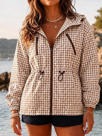 Women's Oversized Plaid Checkered Casual Windbreaker Coat