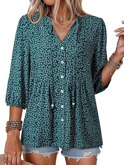 Women's Boho Floral V-Neck Peplum Blouse