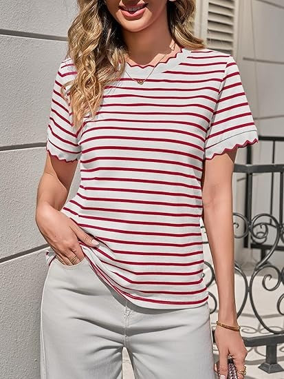 Women's Scalloped Crew Neck Striped T-Shirt
