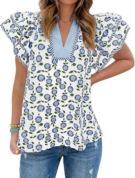 Womens Ruffle Sleeve Floral Blouses