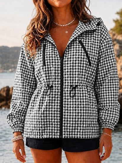 Women's Oversized Plaid Checkered Casual Windbreaker Coat