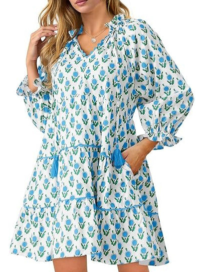 Women's Floral Ruffle V Neck Boho Babydoll Dresses with Pockets