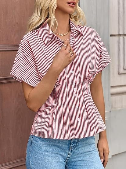 Women's Striped Pleated Waist Peplum Button Down Shirt