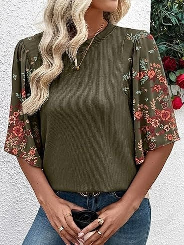 Floral Print 3/4 Puff Sleeve Casual T-Shirt