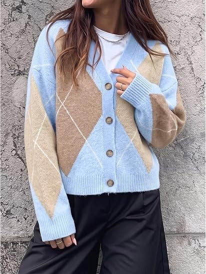 Women's Argyle Color Block V Neck Cardigan